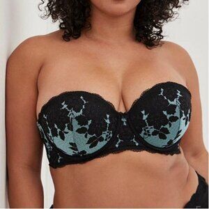 Torrid Curve Size 46DDD (F) Bombshell Everyday Strapless Black Green Push Up Bra